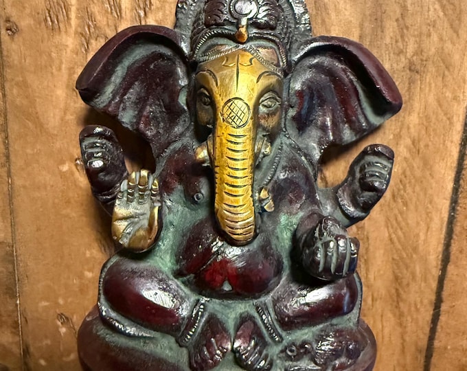 Ganesha, 1-1/4 LBS-Solid Brass Statue, Oxidized, India, GAN9994