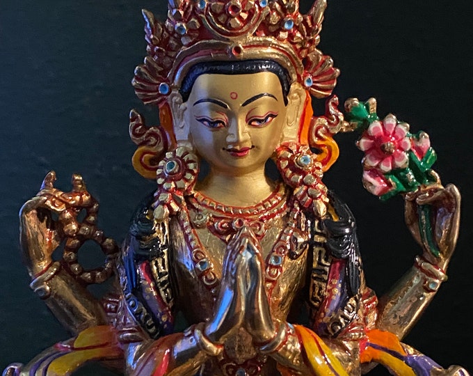 Chenrezig, Avalokitesvara, Four Armed Buddha of Infinite Compassion, Handcrafted , Gold Plated, Hand Painted, 5-1/2" H, ST11762