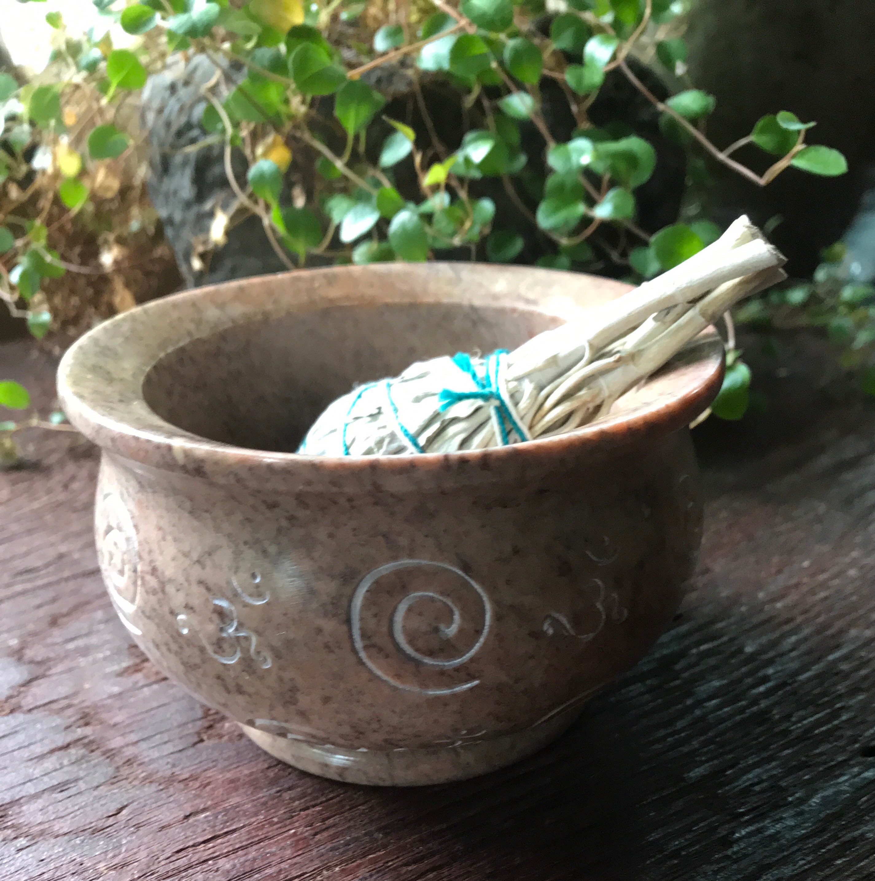 Soapstone Spiral Smudge Bowl with Mini Smudge Wand, 4 Heavy Altar Bowl