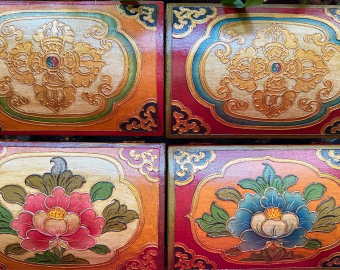Tibetan Wooden Box, Hand Made, Hand Painted Deep Yellow or Red with Floral Design OR Double Dorje  & Brass Latch, Nepal, 1-1/4 LBS TIB12431