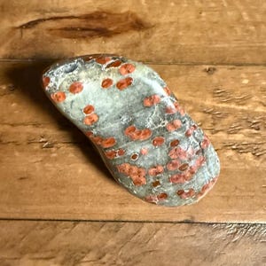 Pu&ograve; includere: Una pietra levigata e liscia a forma di rene, caratterizzata da una base di colore grigio chiaro e verde salvia con numerose macchie rotonde distinte di colore rosso-arancio sparse sulla superficie in un motivo naturale irregolare.