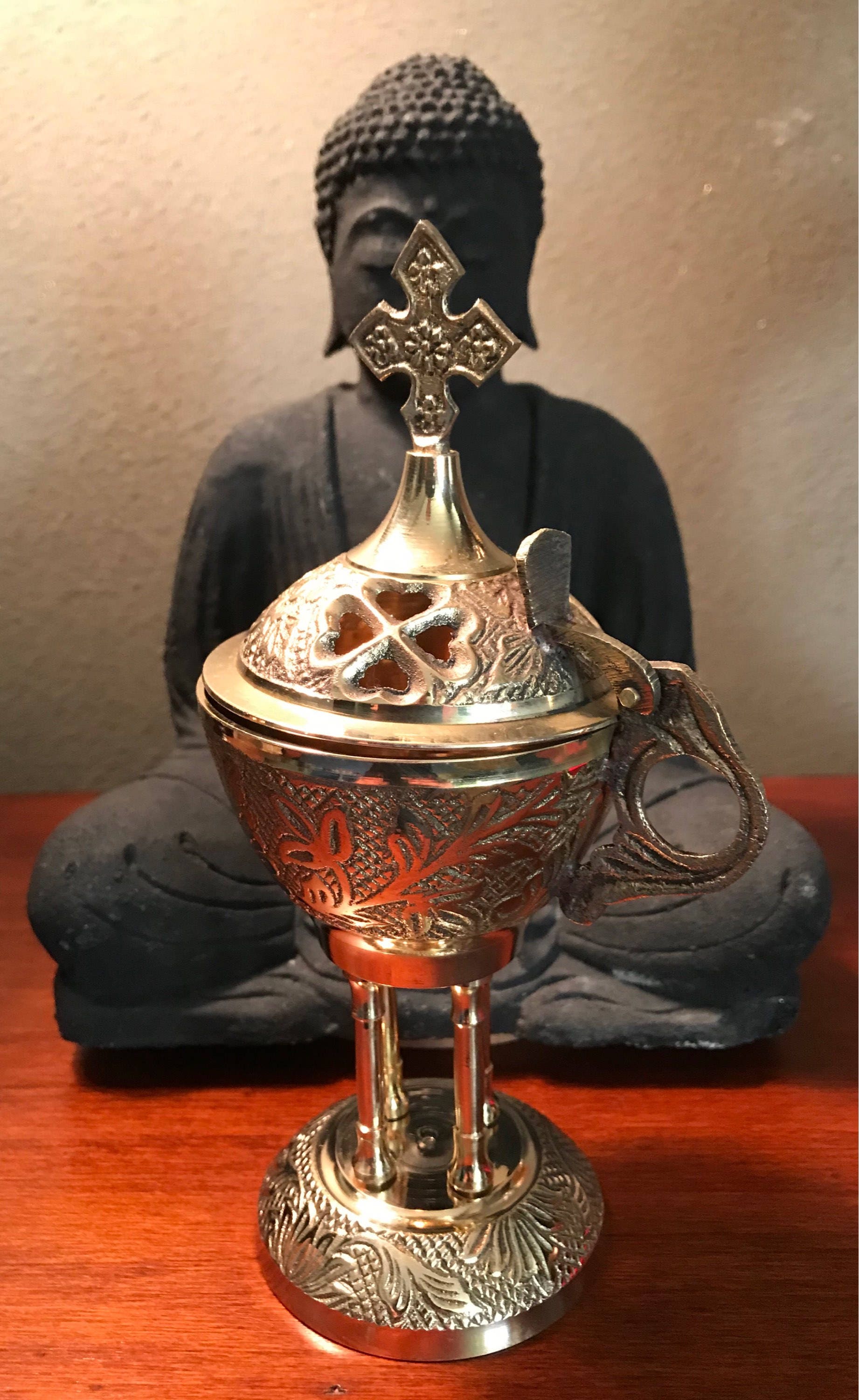 Brass ChurchType Incense Burner, Attached Lid, for Charcoal or Cones