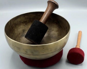 Vintage Singing Bowl, 8-1/2" Dia, 3-1/3 LBS- Handmade, Complete Set with Booklet, Suede Covered Wooden Striker and New Cushion