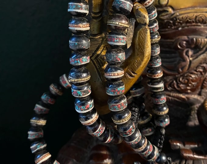 Tibetan Medicine Bracelet, Black Yak Bone, Metals, Stone, Adjustable, Vegetable Dyed, Nepal, CR5525