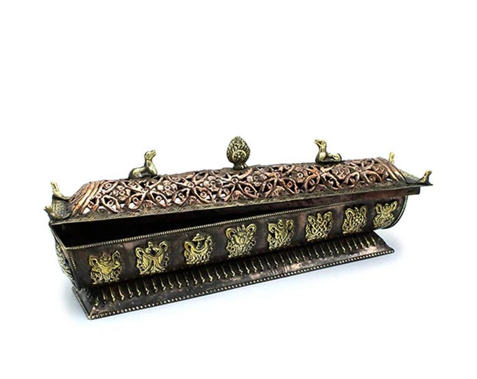Tibetan Dharmachakra Incense Burner with 8 Auspicious Symbols, 12" L , For Stick, Rope, and Tibetan Incense, Incense Included, Nepal