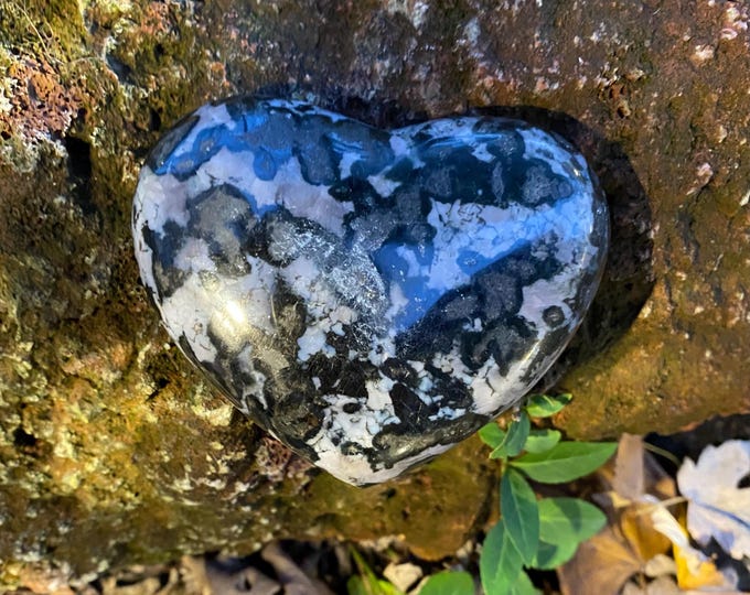 MERLINITE-Dendritic Carved Heart, 3/4 LB+ Polished, Indigo Gabbro Jasper, Madagascar, 383.70 Grams, CR12200