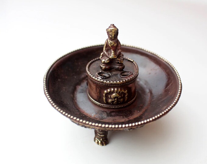 Copper & Bronze Buddha Incense Burner for Tibetan Incense, Removable Lid, Vintage Pedestal Style, 2 Piece, Burner Only