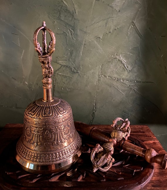 Tibetan Bell 8”, Ghanta & Dorje, Rustic  Wooden Striker, Complete Set