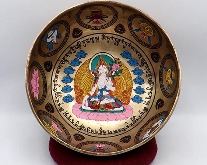 Hand Painted White Tara Singing Bowl, 8” Dia, 2-1/3 LBS, Complete Set with Booklet, Suede Covered Wooden Striker, Mallet, and Ring Cushion
