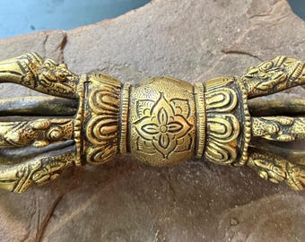 Tibetan Vajra, 2-1/4 LBS Sacred Ritual Copper and Brass Dorje, 9” L, Nepal