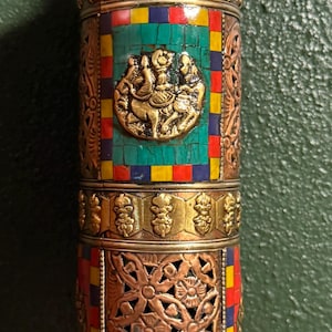 Tibetan Buddha Incense Burner Tower, Cylindrical Stone Inlaid Copper Incense Holder, Burner For Tibetan and Stick Incense, 4-Piece, Nepal