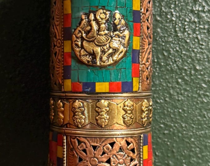 Tibetan Buddha Incense Burner Tower, Cylindrical Stone Inlaid Copper Incense Holder, Burner For Tibetan and Stick Incense, 4-Piece, Nepal
