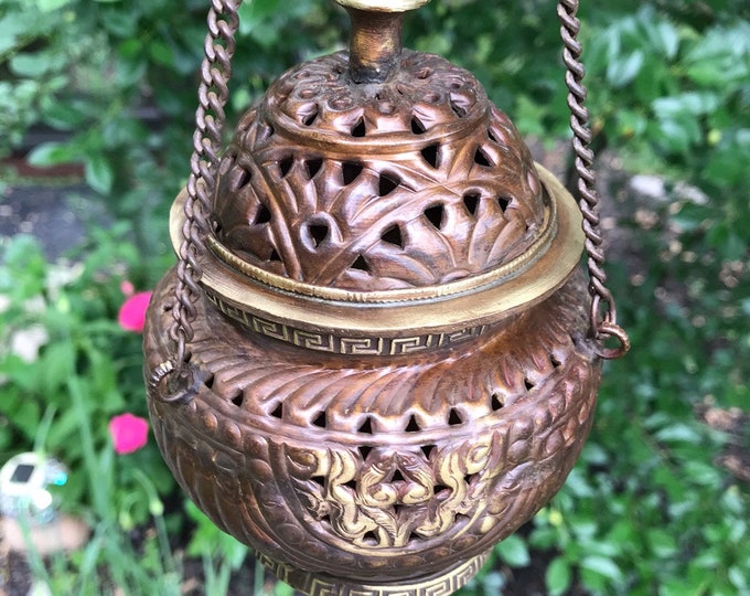 Tibetan Style Hanging Incense Burner Kit, Bronze, Antique Style, Complete Kit with Handmade Incense or Resin, Sand, Charcoal, Holder