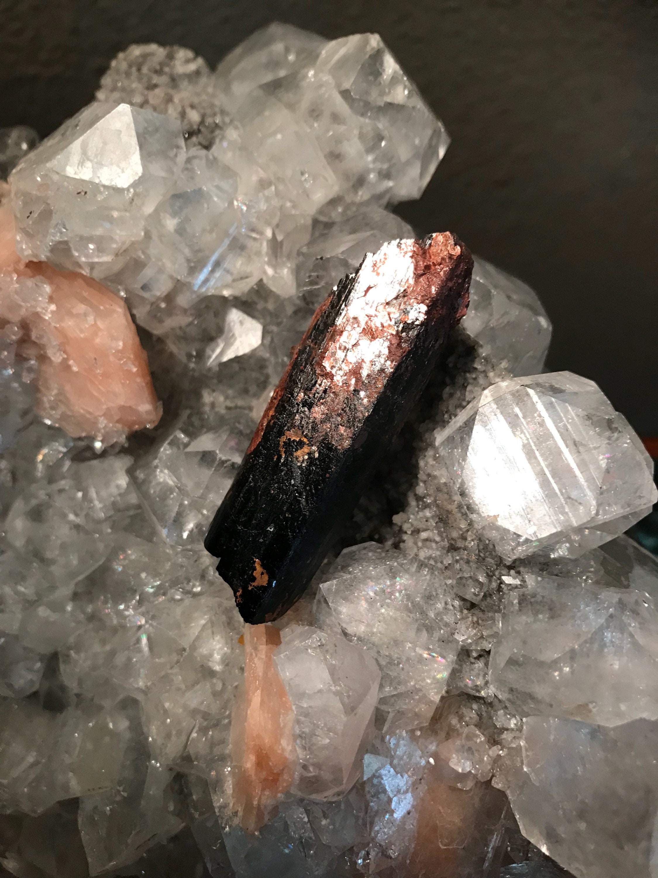 Tourmaline, Raw Dravite on Black Tourmaline, Mine Fresh, Nepal, 18.8