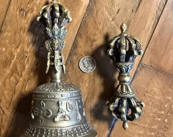 Tibetan 5-1/2” Small Ghanta & Vajra Set, Brass Bell and Dorje with Detail, RIT04