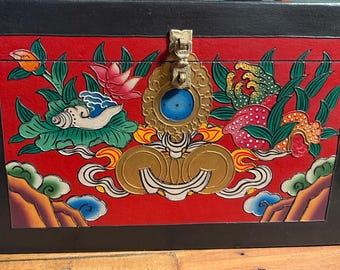 Hand Painted XL Tibetan Tibetan Wooden Box/Chest, Brass Latch, Tibetan Motif, Nepal, 7 LBS+ Unpackaged, 15”x9x9.75” Rustic