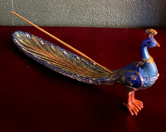 Peacock Incense Burner, Painted Resin, Includes Full Sleeve of Incense, 9.5” Long