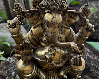 Brass Ganesha, 8-3/4 LBS+ Solid Brass, Sitting, 8" H X 8-1/2" W X 4-1/2 D, India