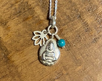 Buddha Charm Pendant, .925 Sterling Silver with Lotus, Bead, and 19" Chain, LS11764