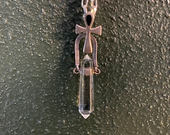 Old Vintage Polished OOAK DT Quartz with Ankh Pendant, Hallmarked, Handcrafted Necklace, Chain Included, LS11660