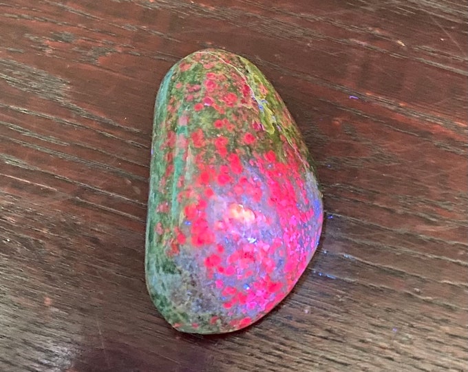 Ruby in Kyanite with Fuchsite, 1/3 LB+ Red Fluorescent Palm Stone, Polished on One Side, 169.20 Grams, India, CR11371