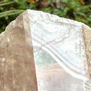 May include: A close-up of a clear quartz crystal with a rainbow spectrum of colors refracting light. The crystal has a rough, textured surface and is partially translucent, with a natural, earthy appearance. The background is blurred green foliage.