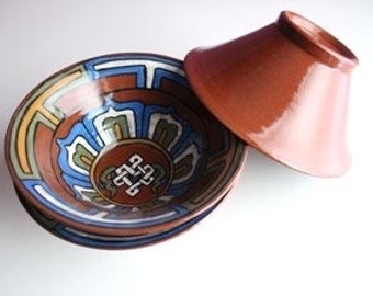 Endless Knot Soup/Cereal Bowl, 1 LB+ Handcrafted Fired Pottery, Nepal, Food Safe, Dishwasher Safe