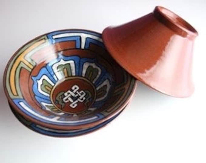 Endless Knot Soup/Cereal Bowl, 1 LB+ Handcrafted Fired Pottery, Nepal, Food Safe, Dishwasher Safe