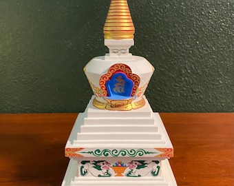 Wooden Stupa Chorten Two-Piece Box, 9" Hand Carved & Painted, Nepal