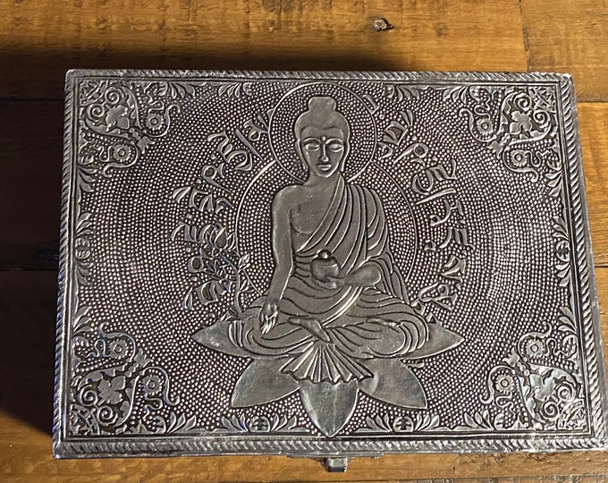 Buddha Box, Silver Embossed Treasure Box, Buddha Altar Box, 1 LB, India