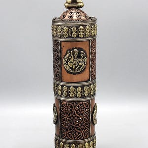 Tibetan Incense Tower, Copper & Brass Buddha with Windhorse, 11” Tall, For Stick and Tibetan Incense, Incense Included, Nepal