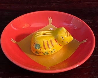 Japanese Incense Holder, Arita Japanese Porcelain Sleepy Cat, Hand Painted with Ash Plate, Includes  Incense, Choose Yellow or Black