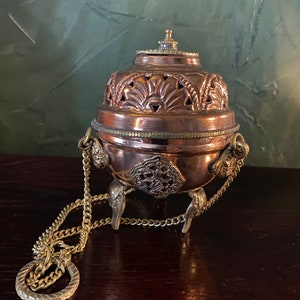 Tibetan Vintage Style Hanging Incense Burner, Copper with Brass Details, TIB9948