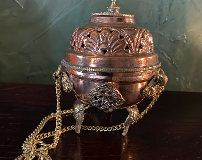 Tibetan Vintage Style Hanging Incense Burner, Copper with Brass Details, TIB9948