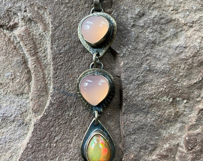 Pink Chalcedony & Opal, Silver, Long Multi Stone Pendant, Gemstone Jewelry, Sjostrand Studios, Denmark, LS11524