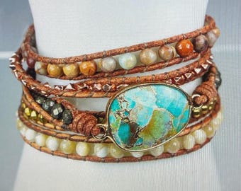 Gemstone & Leather Wrap Bracelet, Genuine Leather and Gemstones, No Two Stones Alike, 24" L, Satin Pouch, Please Choose