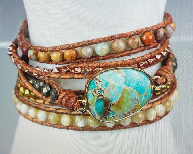 Gemstone & Leather Wrap Bracelet, Genuine Leather and Gemstones, No Two Stones Alike, 24" L, Satin Pouch, Please Choose