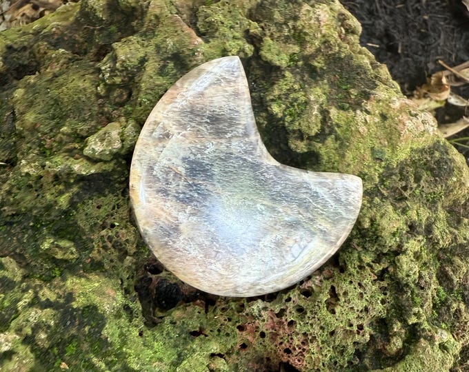 Black Moonstone,  Polished Crescent Shaped Palm Stone, 64.90 Grams, India, CR12611