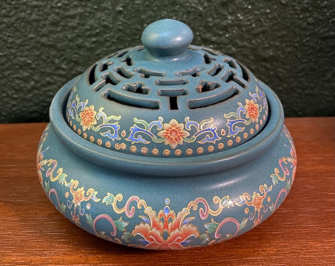 Eastern Ceramic Hand Painted Lotus, Lidded Vessel for Incense or Potpourri
