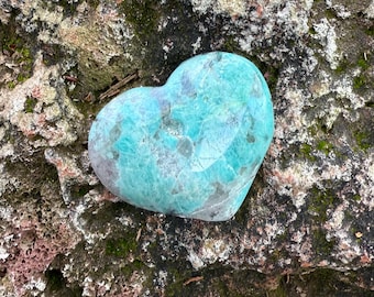 Amazonite, Polished Heart Palm Stone, Druzy Crystalline Pockets, Africa, 75.30 Grams, CR12489