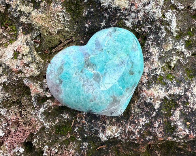 Amazonite, Polished Heart Palm Stone, Druzy Crystalline Pockets, Africa, 75.30 Grams, CR12489