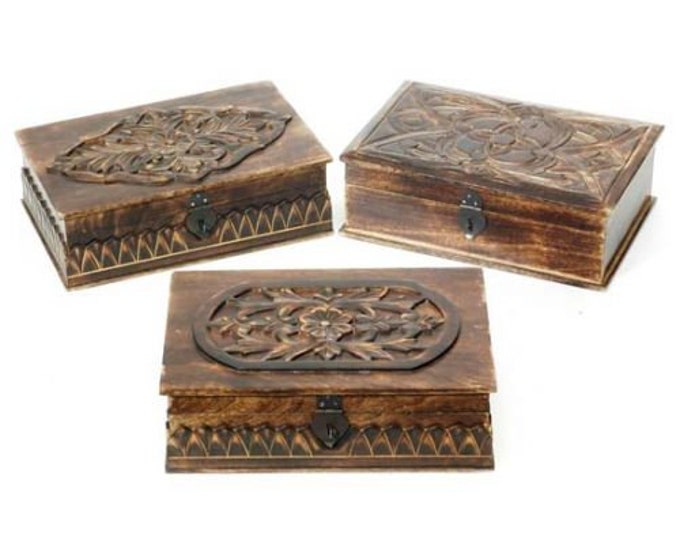 Large Wooden Keepsake/Storage Box, Carved Details, Handmade, 2-1/2 LBS, India, RIT9220