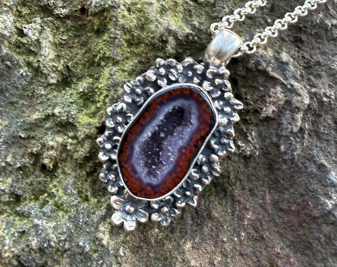 Druzy Amethyst Geode Pendant, .925 Sterling Silver, Bezel Set, 29" Rolo Chain, Brazil, LS12828