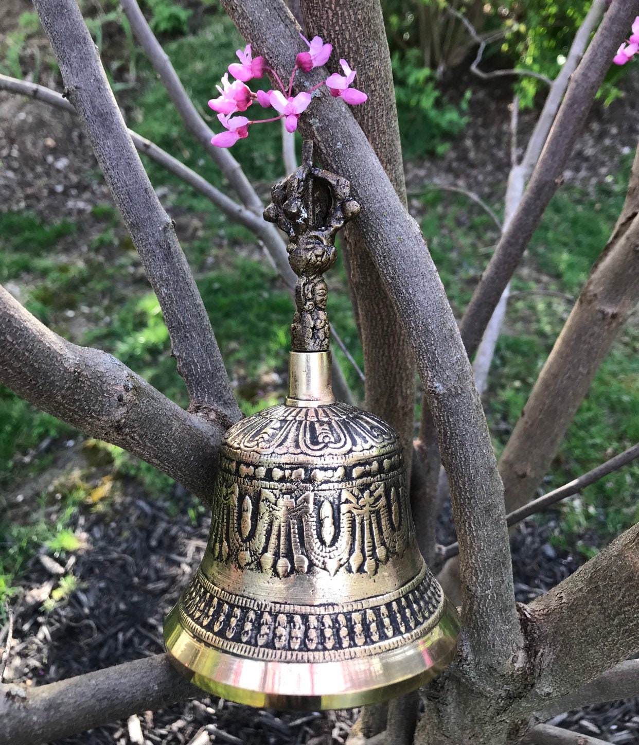 Tibetan Bell 6”, Ghanta & Dorje, Brass Bell and Vajra with Detail