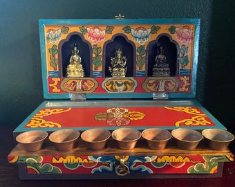 Tibetan Portable Altar with Rustic Offering Bowls, Hand Made, Choose to Include 3 Mini Statues & Full Incense Package, Nepal, Please Choose