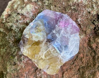 Raw Rainbow Fluorite Stone, Gold, Clear, Pink, Blue, and Purple, Etched, Vintage Piece, Illinois, 90.00 Grams, CR11159