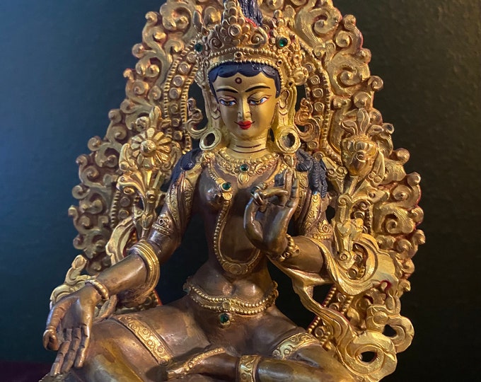 GREEN TARA on Jeweled Base, Vintage Gold Plated Copper, Hand Crafted, Hand Painted Three Piece Statue, 10" Tall, 2-3/4 LBS, Nepal