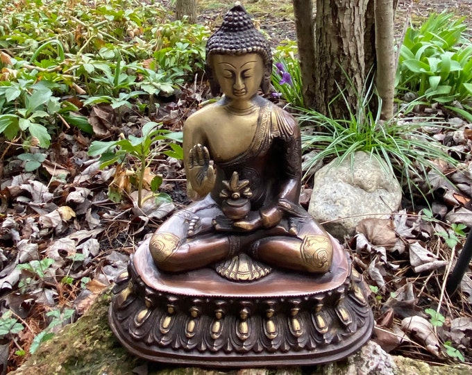 Medicine Buddha, 10" H,  Vintage Brass Bhaisajyaguru, 7-1/2 LBS+  BUD11030