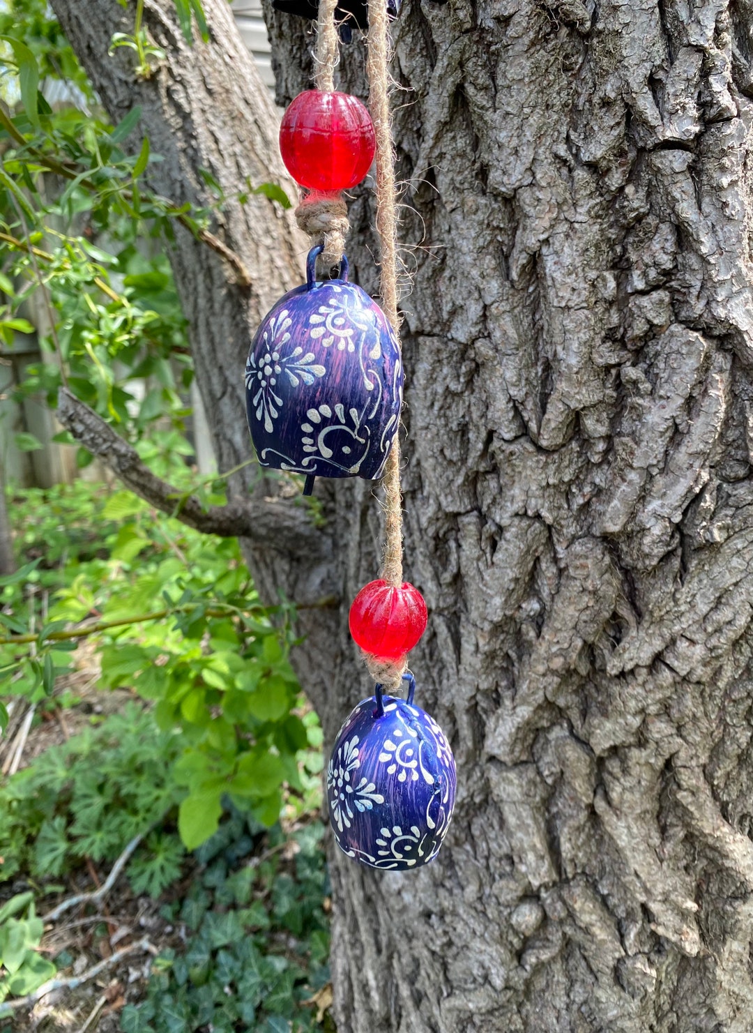 Handpainted Hanging Harmony Bells on Rope With Glass Beads, Light or Dark Blue, Please Choose