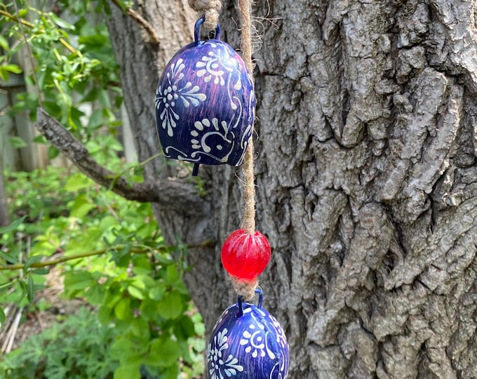 Hand-Painted Hanging Harmony Bells on Rope with Glass Beads, Light or Dark Blue, Please Choose